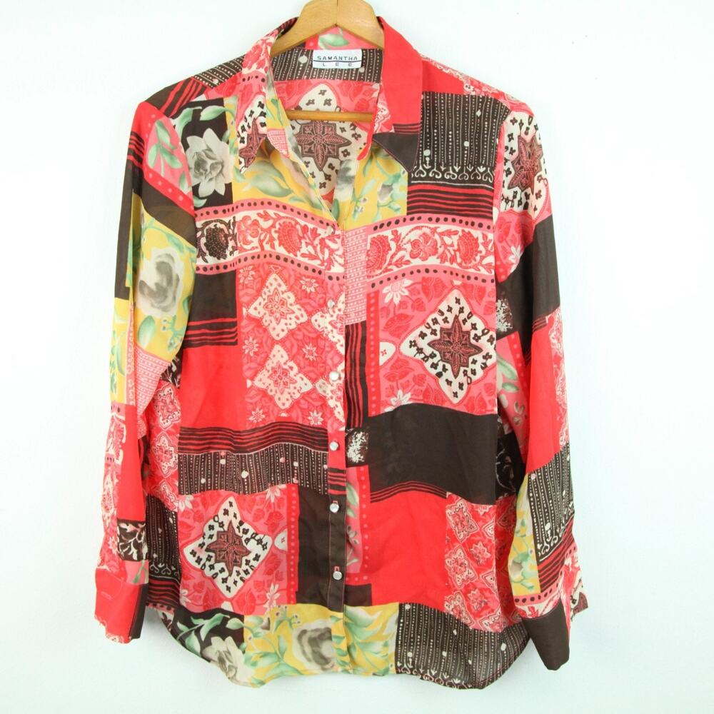 Vintage Large Top‎ Patchwork Floral Boho Multicolor Western Maximalist 90s Sheer